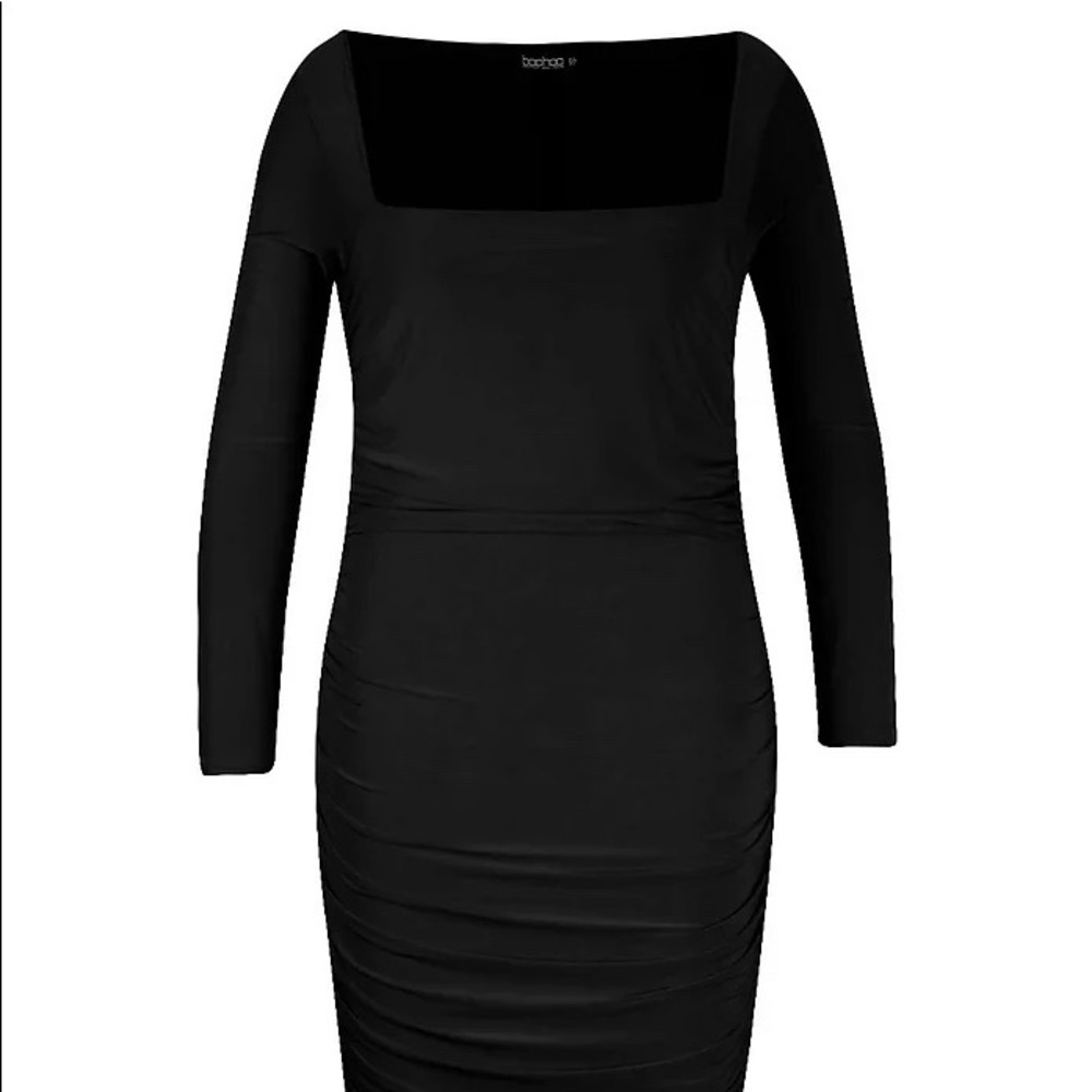 Boohoo Slinky Ruched Square Neck MIDI Dress - Picture 4 of 6